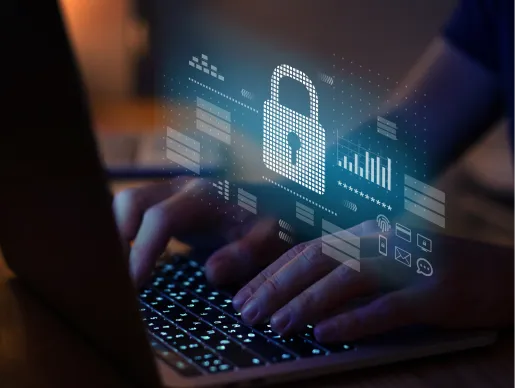 Person typing on a laptop with a digital lock icon representing data security compliance