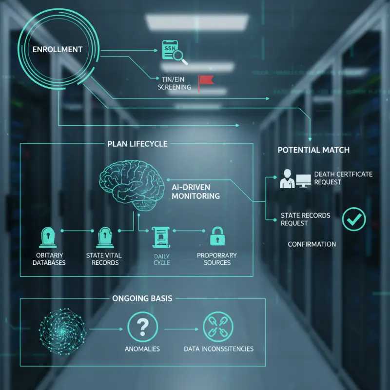 AI does not operate in isolation. The most effective compliance programs integrate AI fraud detection with established verification methods such as TIN/EIN screening, sanctions list checks, and SSN verification. These traditional tools remain important for confirming specific data points, while AI adds a layer of pattern recognition and anomaly detection that static checks cannot provide.</p>
<p>For example, a pension administrator might use SSN verification to confirm a participant's identity at enrollment, then rely on AI-driven daily monitoring to track that participant's status over the life of the plan. If the AI system identifies a potential death match through obituary data, the administrator can then use traditional tools, such as death certificate requests or state vital records, to confirm the finding before taking action.